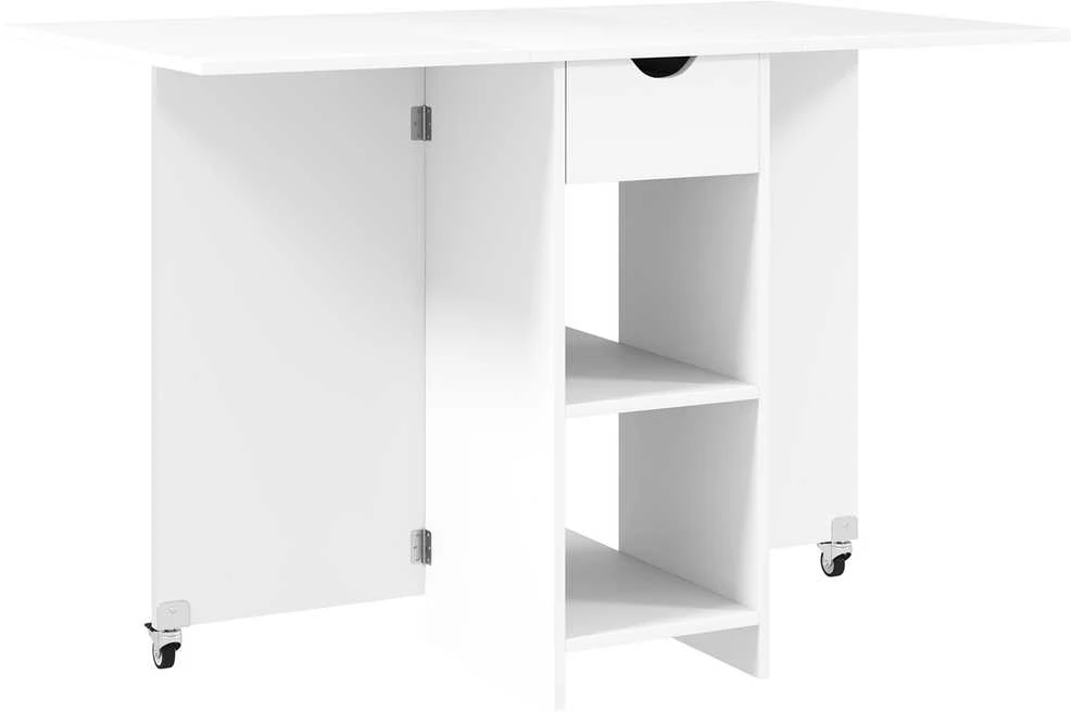 HOMCOM sulankstomas valgomojo stalas, mobilus virtuvės stalas 2-4 asmenims su atviromis lentynomis, 1 stalčiumi, sulankstomas stalas mažoms erdvėms, valgomasis 114,5 x 70 x 75 cm, baltas