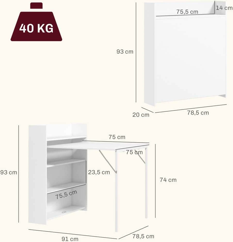 HOMCOM sulankstomas valgomasis stalas, virtuvinis stalas su 4 pakopų lentynomis 3 asmenims, sulankstomas stalas su apsauga nuo apvirtimo mažoms erdvėms, virtuvei, valgomajam, 80 x 90 x 93 cm, baltas
