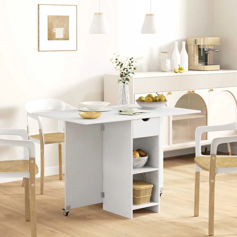 HOMCOM sulankstomas valgomojo stalas, mobilus virtuvės stalas 2-4 asmenims su atviromis lentynomis, 1 stalčiumi, sulankstomas stalas mažoms erdvėms, valgomasis 114,5 x 70 x 75 cm, baltas