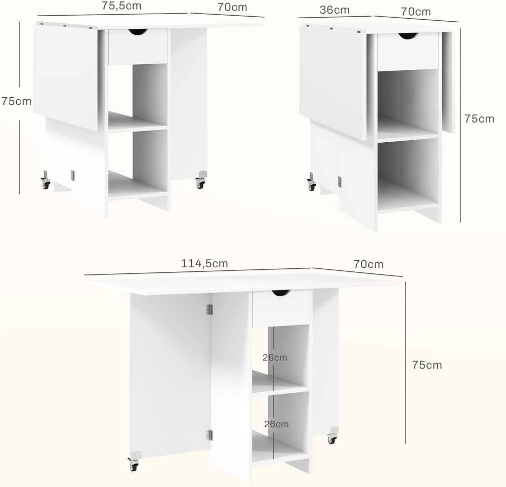 HOMCOM sulankstomas valgomojo stalas, mobilus virtuvės stalas 2-4 asmenims su atviromis lentynomis, 1 stalčiumi, sulankstomas stalas mažoms erdvėms, valgomasis 114,5 x 70 x 75 cm, baltas