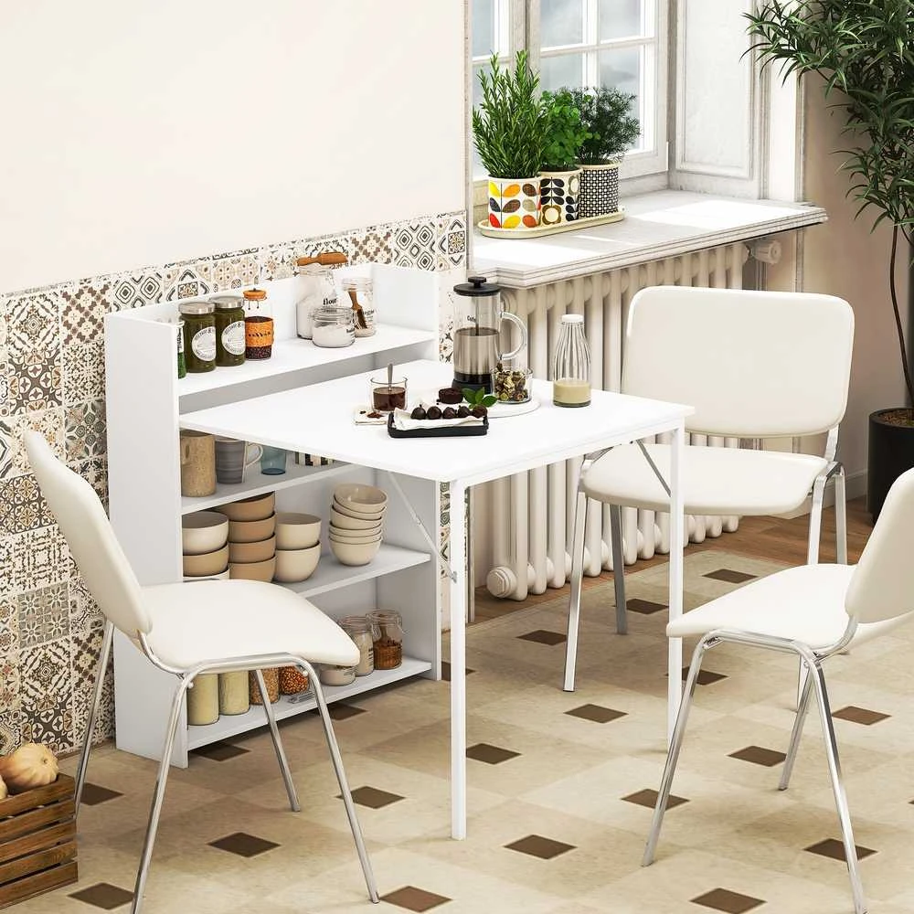HOMCOM sulankstomas valgomasis stalas, virtuvinis stalas su 4 pakopų lentynomis 3 asmenims, sulankstomas stalas su apsauga nuo apvirtimo mažoms erdvėms, virtuvei, valgomajam, 80 x 90 x 93 cm, baltas