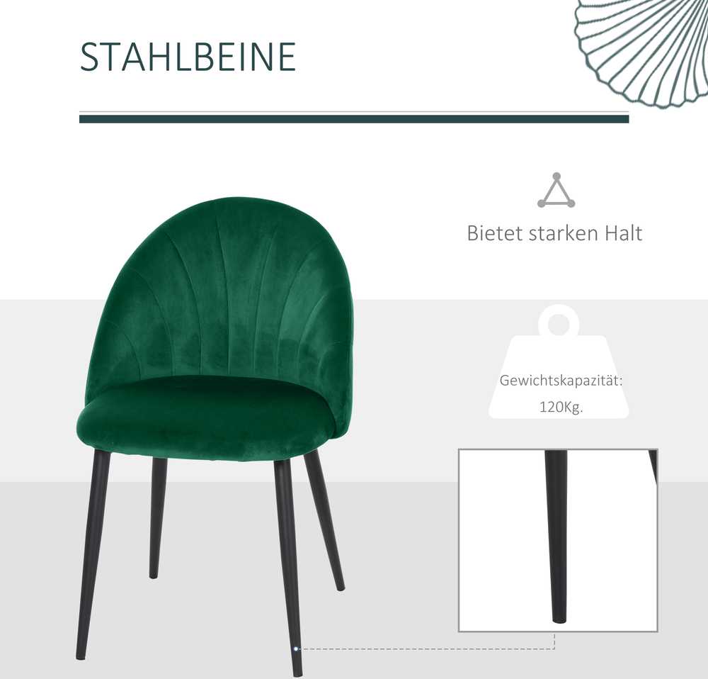 Meble Moskaa HOMCOM valgomojo kėdės 2 modernių virtuvės kėdžių rinkinys Scandi dizainas svetainės kėdė minkšta kėdė biuro kėdė velvetas metalas žalia 52x54x79cm