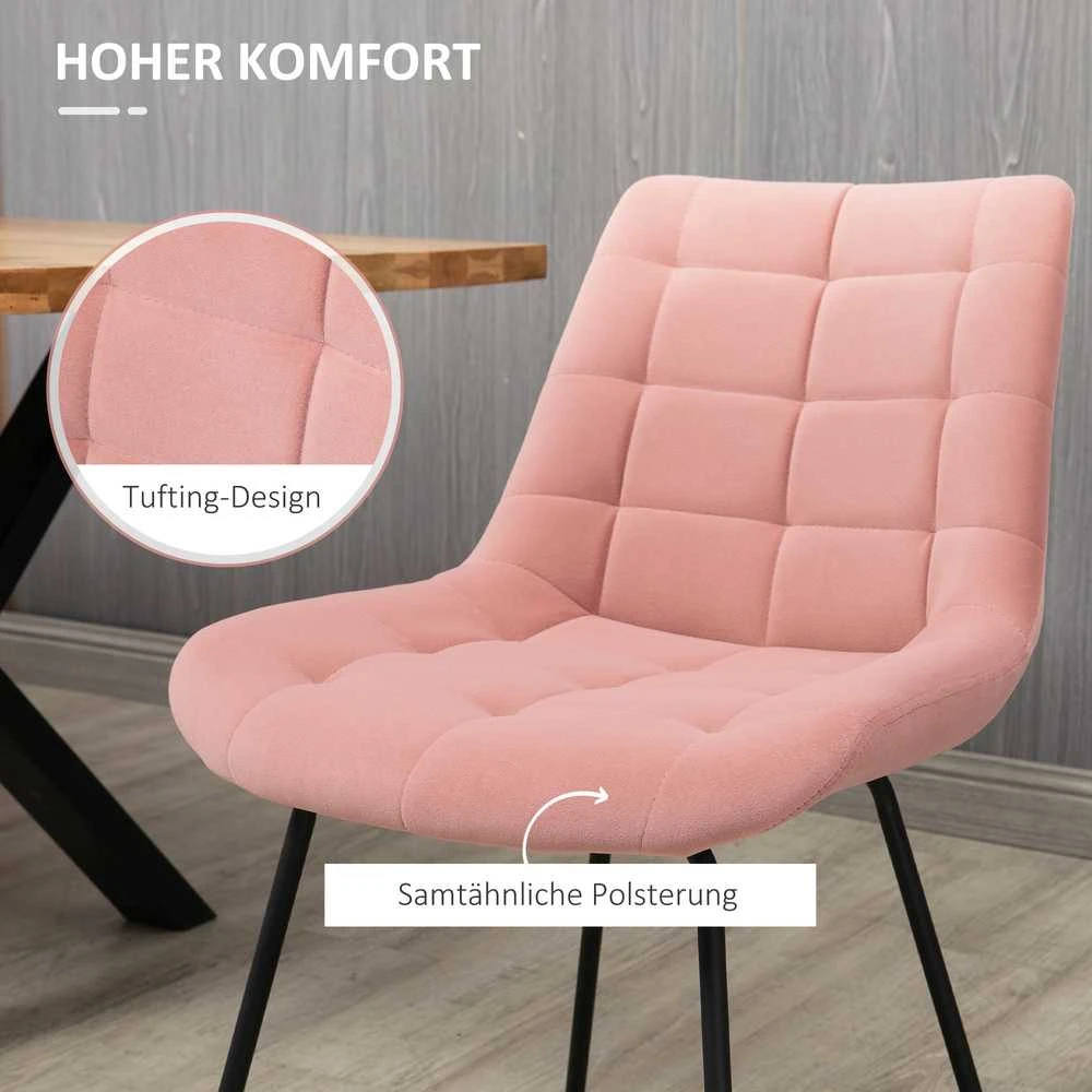 HOMCOM valgomojo kėdės, 2 vnt. komplektas, virtuvės kėdė su atlošu, rožinės spalvos aksominis apmušalas, retro dizainas, plieninės kojelės, svetainei