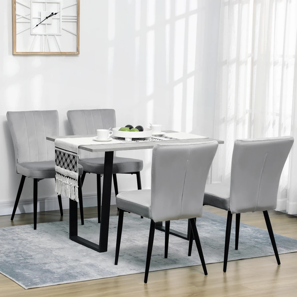 HOMCOM valgomojo kėdžių komplektas, 4 dalių virtuvės kėdės su atlošu, aksominio efekto apmušalai, plieno rėmas, pilkos, 46x65x87cm