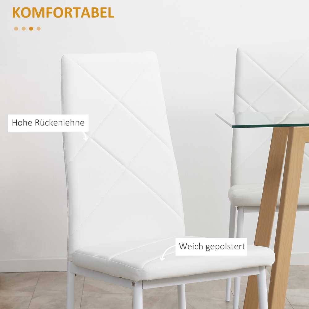 HOMCOM valgomojo kėdės, 4 vnt. komplektas, virtuvės kėdė, paminkštintos valgomojo kėdės, kėdė su plieninėmis kojomis, dirbtinė oda, balta