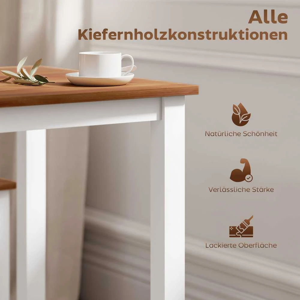 HOMCOM valgomojo komplektas, valgomojo stalas, 4 kėdės, valgomojo baldų rinkinys, pušies mediena, ruda+balta