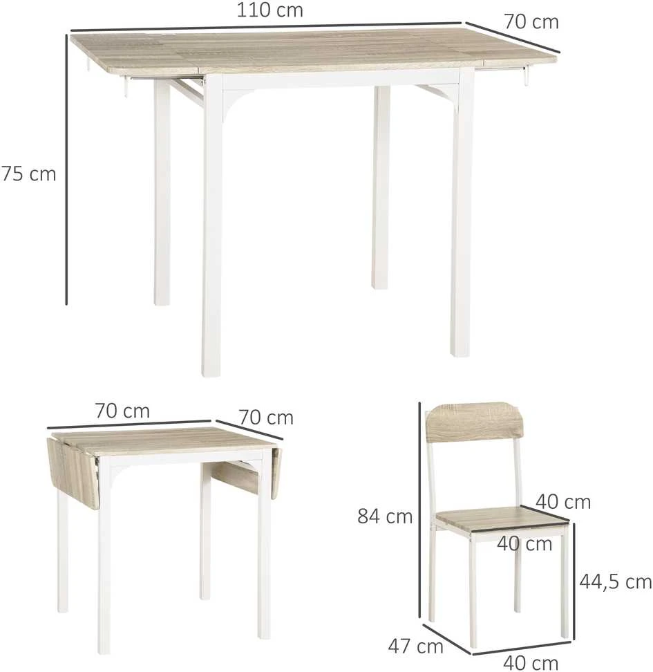 HOMCOM 3 dalių valgomojo baldų komplektas su 2 kėdėmis ir 1 stalu, sulankstomas stalo paviršius, plienas, MDF, natūrali+balta, 120 x 60 x 75 cm