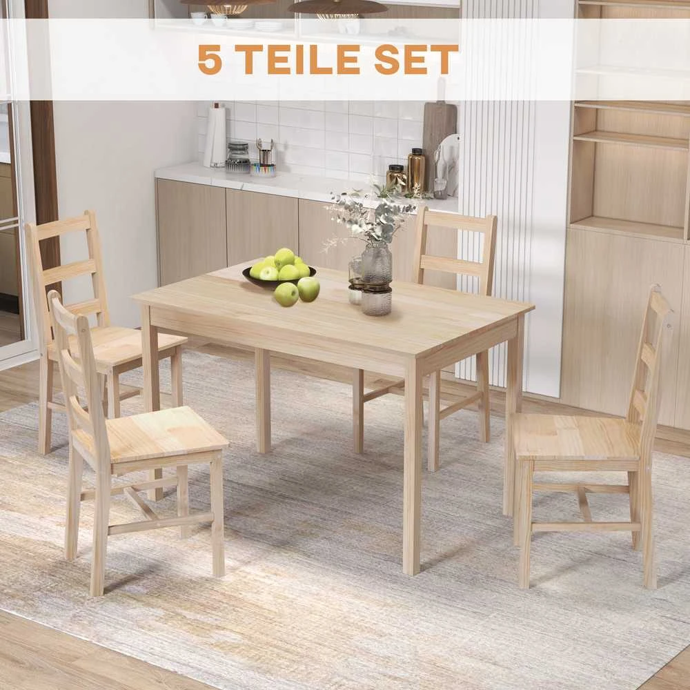 HOMCOM valgomojo komplektas iš 5 dalių, valgomojo stalas ir 4 kėdės, taupantis vietą, stačiakampis, natūralaus medžio masyvas