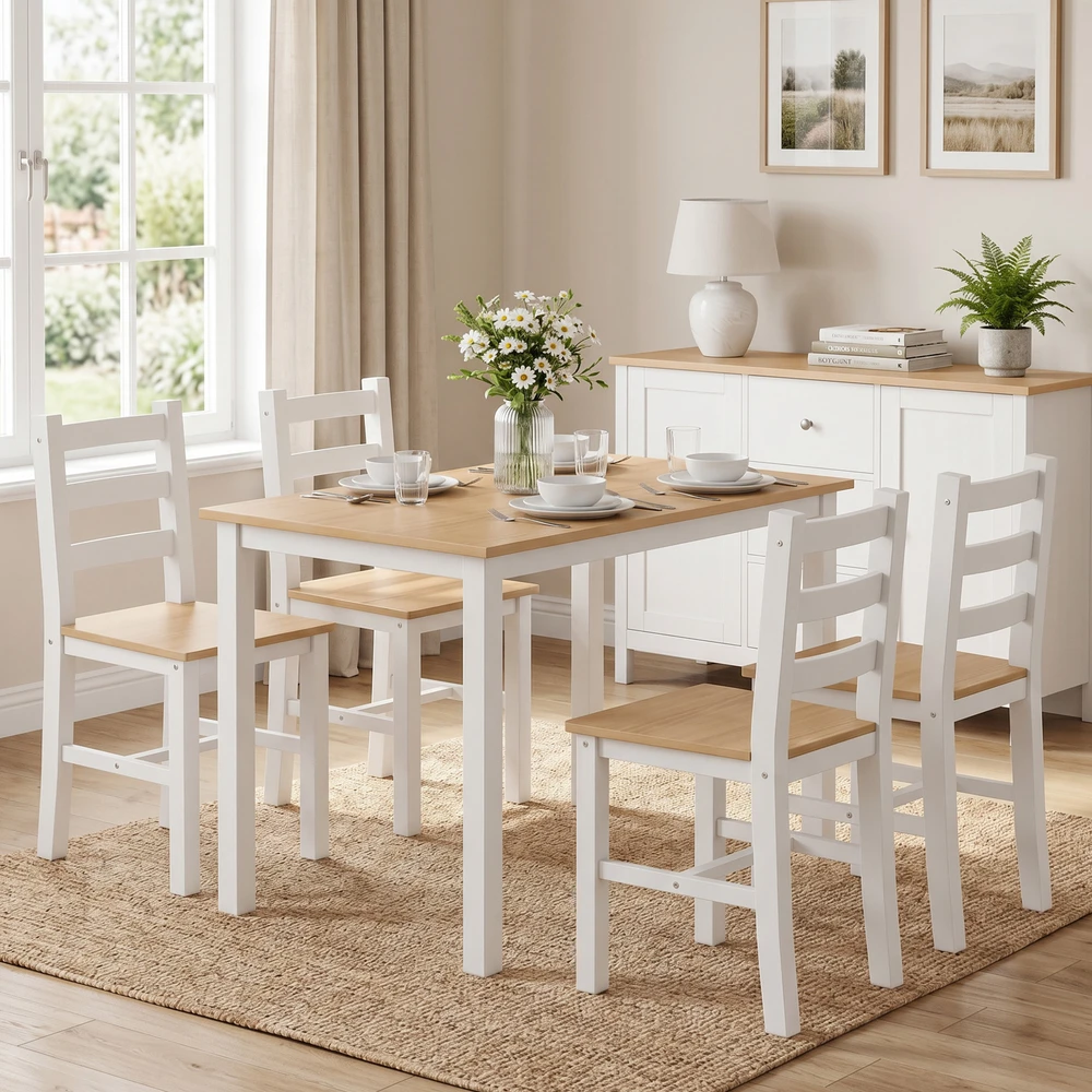 Valgomojo komplektas, 5 dalių, iš pušies masyvo, natūralios medienos ir baltos spalvos, 108 × 65 × 75 cm