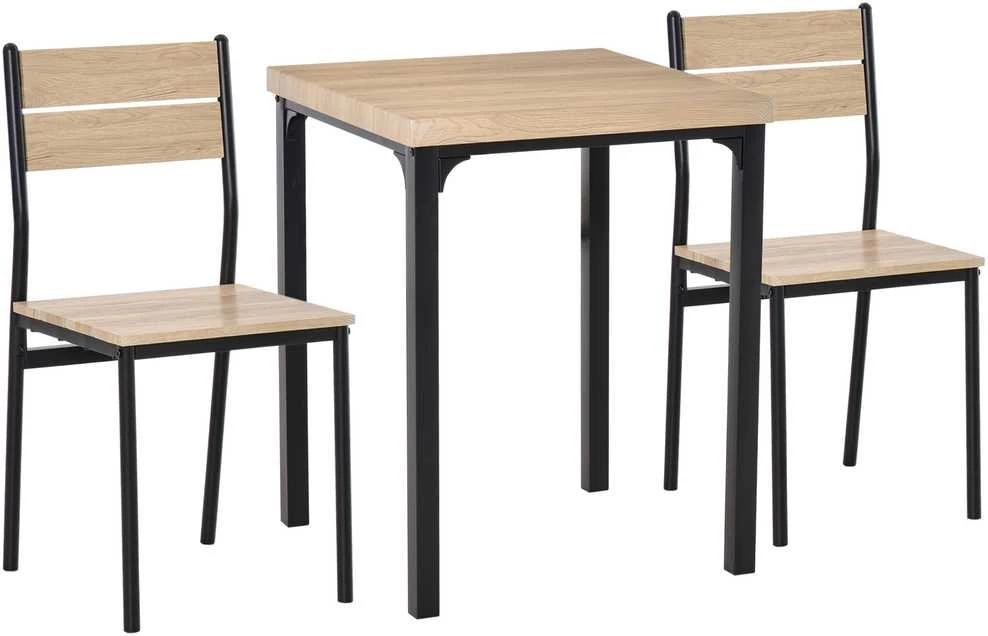 HOMCOM 3 dalių valgomojo komplektas, valgomojo stalas su MDF ir metalu, natūralaus medžio raštas ir juoda spalva, 1 stalas + 2 kėdės