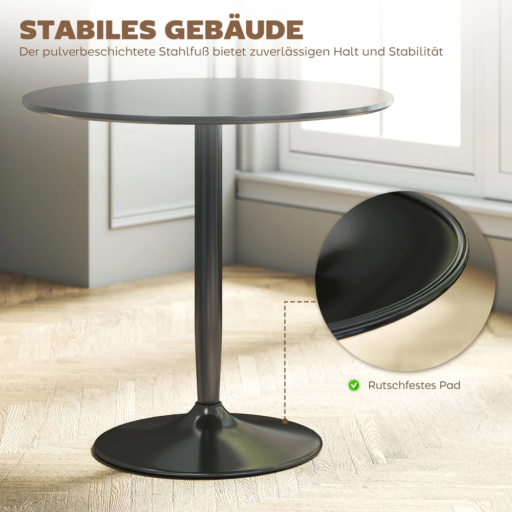 HOMCOM valgomasis stalas 2 žmonėms, apvalus stalviršis Ø80 cm, MDF ir plienas, neslystantis, juodas, 75A cm