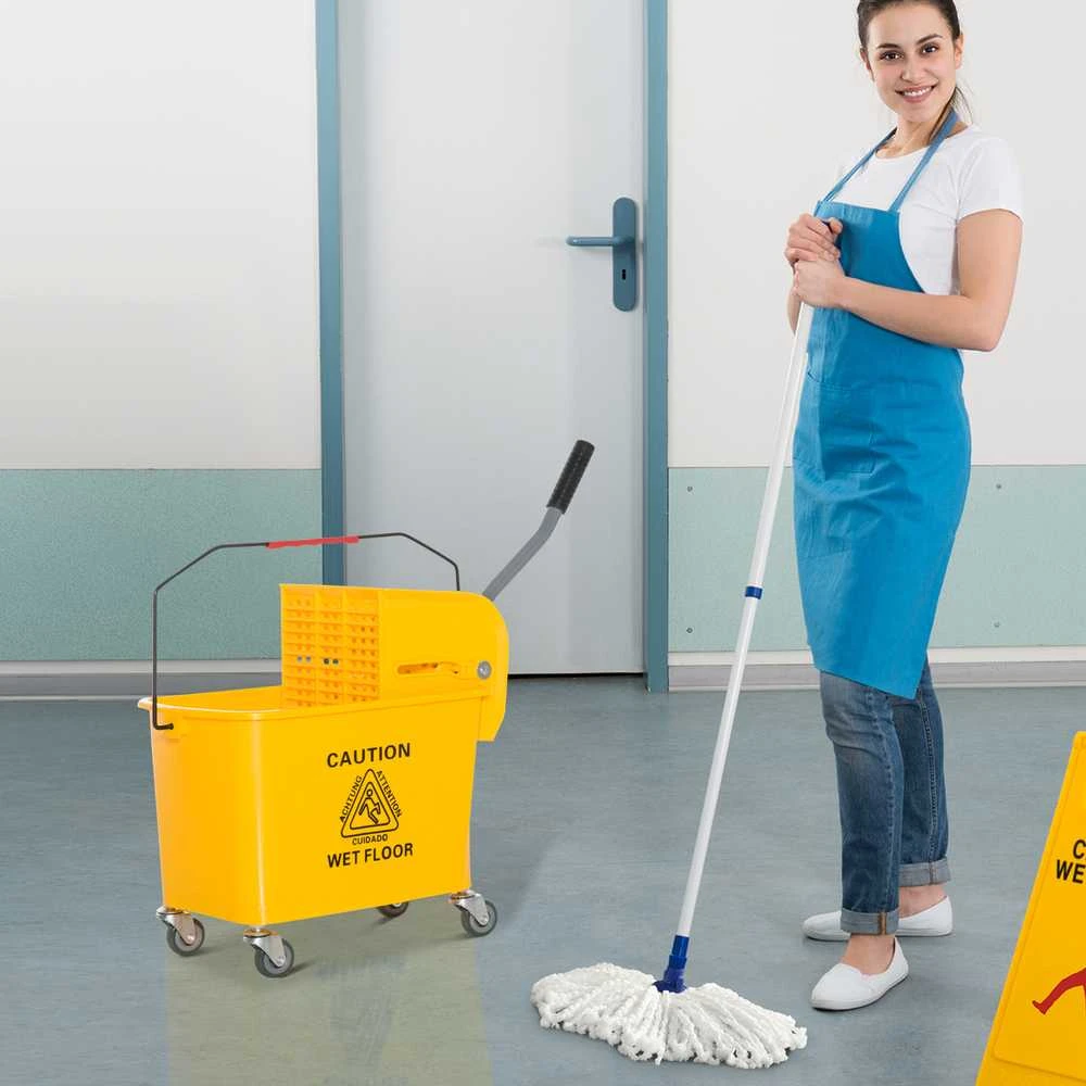 HOMCOM valymo kibiras, valymo vežimėlis su presu, 20 litrų, 2 skyrių, geltonas