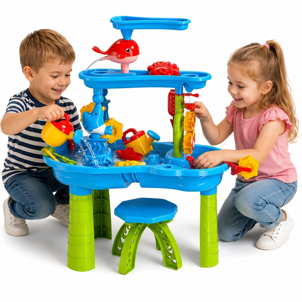 Lean Toys Vandens žaidimų stalas su kelių lygių vandens trasa ir kėdute, 61 × 63 cm