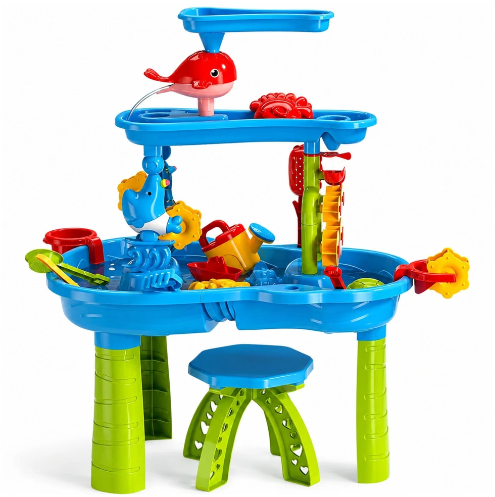 Lean Toys Vandens žaidimų stalas su kelių lygių vandens trasa ir kėdute, 61 × 63 cm