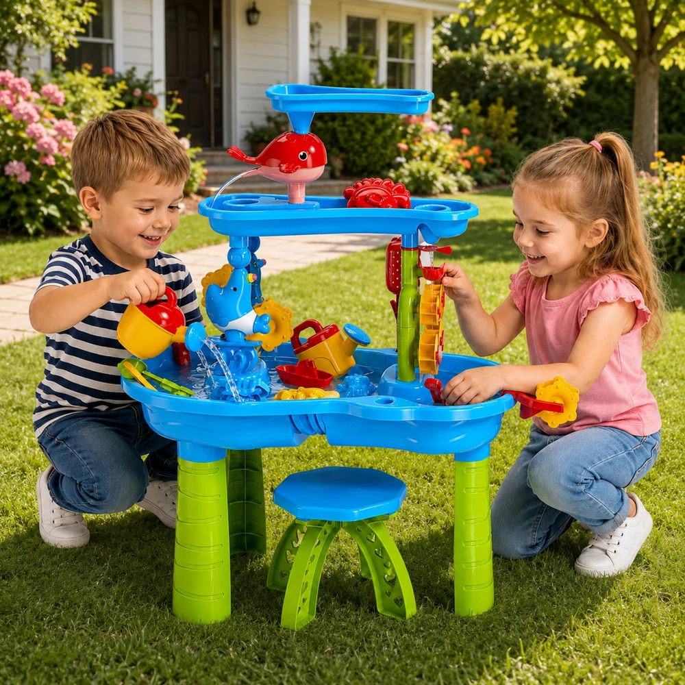 Lean Toys Vandens žaidimų stalas su kelių lygių vandens trasa ir kėdute, 61 × 63 cm