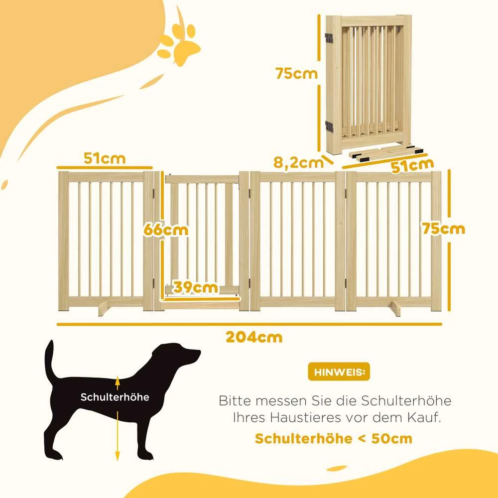 PawHut 4 dalių sulankstoma šunų apsauginė tvorelė, 204 x 75 cm, su durelėmis, laisvai pastatoma, su 2 atraminėmis kojelėmis, medinė tvorelė laiptams, koridoriui, virtuvei, natūralaus medžio spalvos