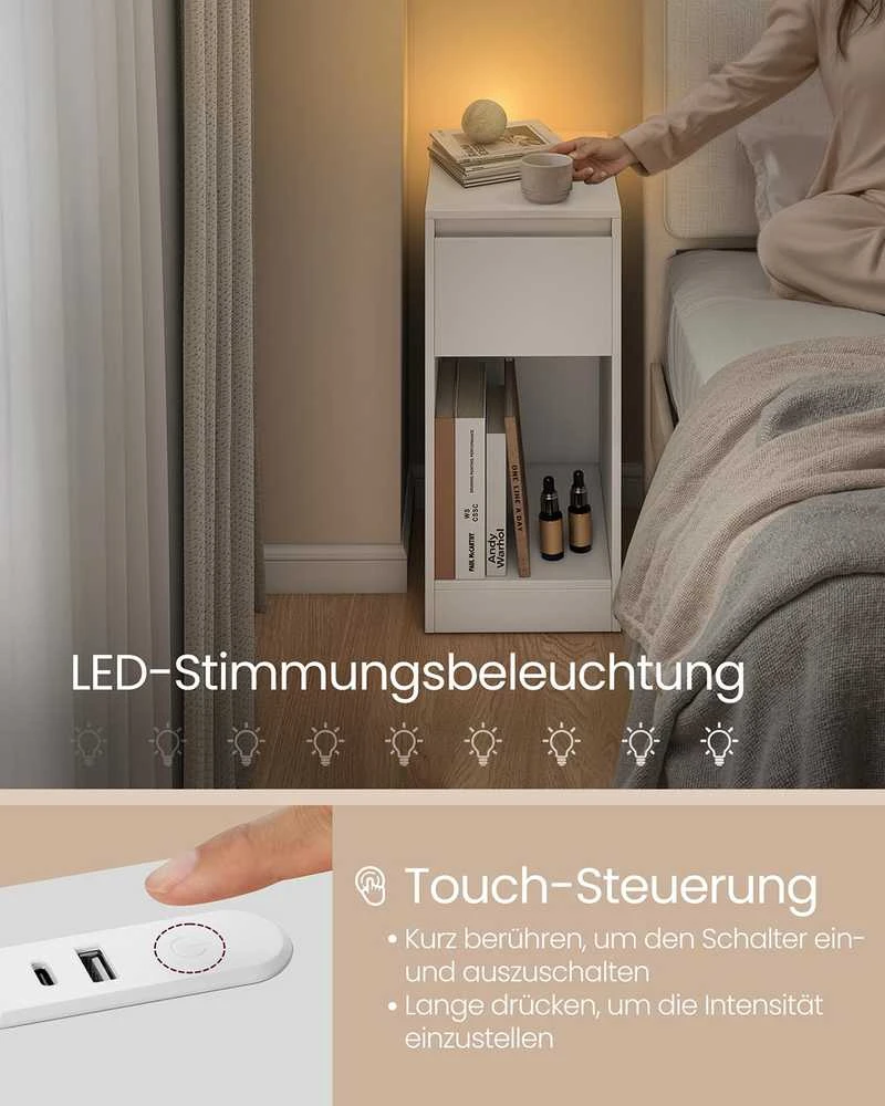 Vasagle Naktinis staliukas su LED apšvietimu, USB jungtimis ir stalčiumi