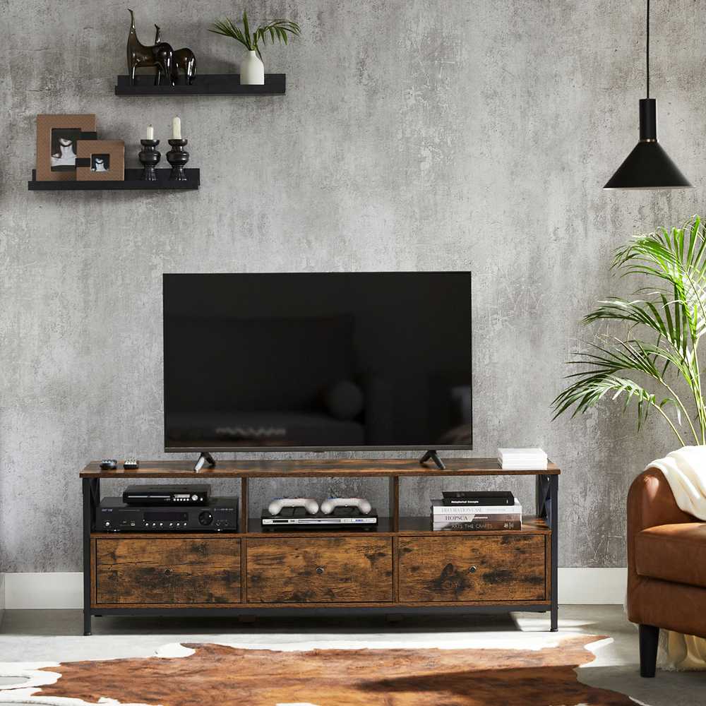 TV staliukas Songmics Vasagle Pramoninio stiliaus TV spintelė su 3 stalčiais
