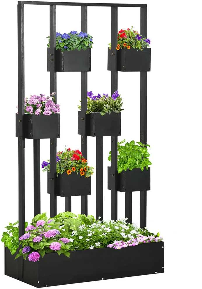 Outsunny gėlių dėžė, pakelta lysvė, vazonas su grotelėmis, modulinis dizainas, sieninė daržovių lysvė terasai, medžio masyvas, juoda, 90 x 45 x 170 cm