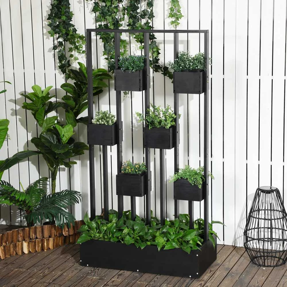 Outsunny gėlių dėžė, pakelta lysvė, vazonas su grotelėmis, modulinis dizainas, sieninė daržovių lysvė terasai, medžio masyvas, juoda, 90 x 45 x 170 cm