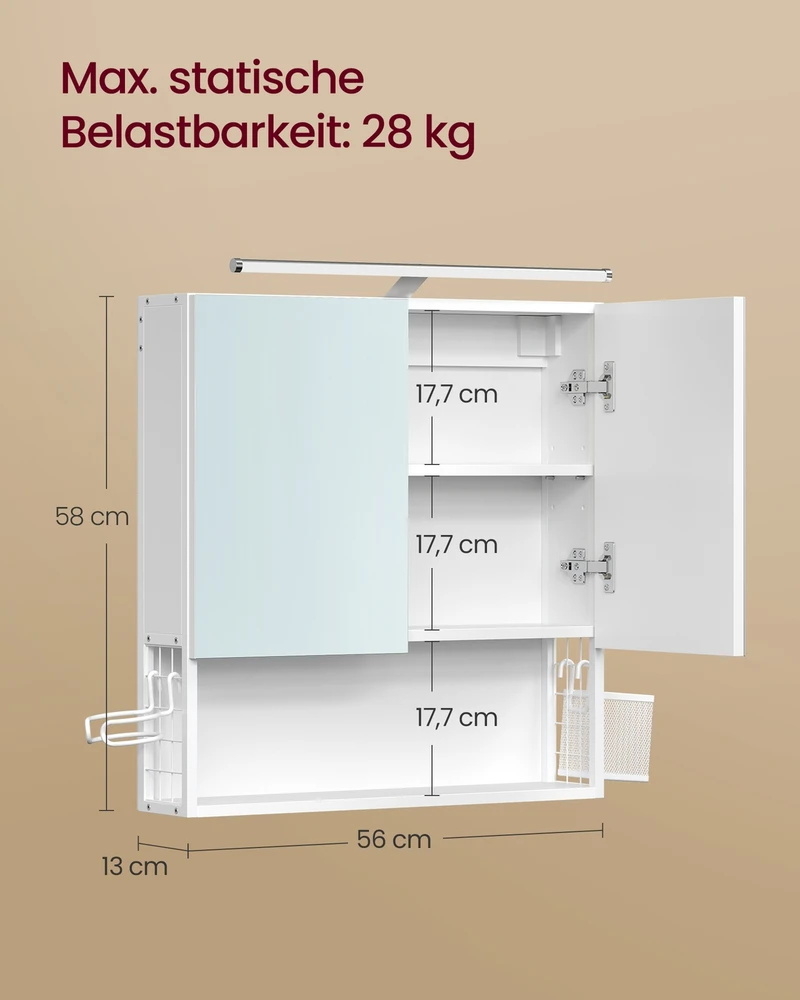 Songmics Veidrodinė spintelė su 2 veidrodinėmis durimis ir apšvietimu, balta, 13 × 56 × 58 cm