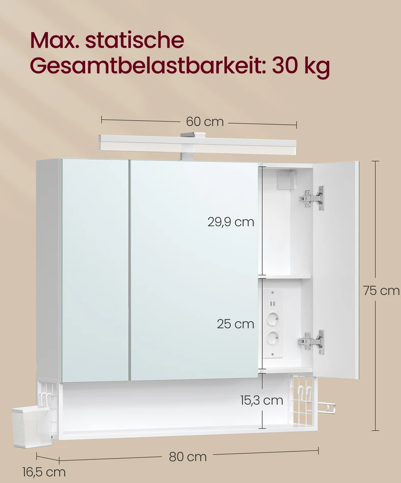 Veidrodinė spintelė su 3 veidrodinėmis durimis ir apšvietimu, debesų baltos spalvos, 16,5 × 80 × 75 cm