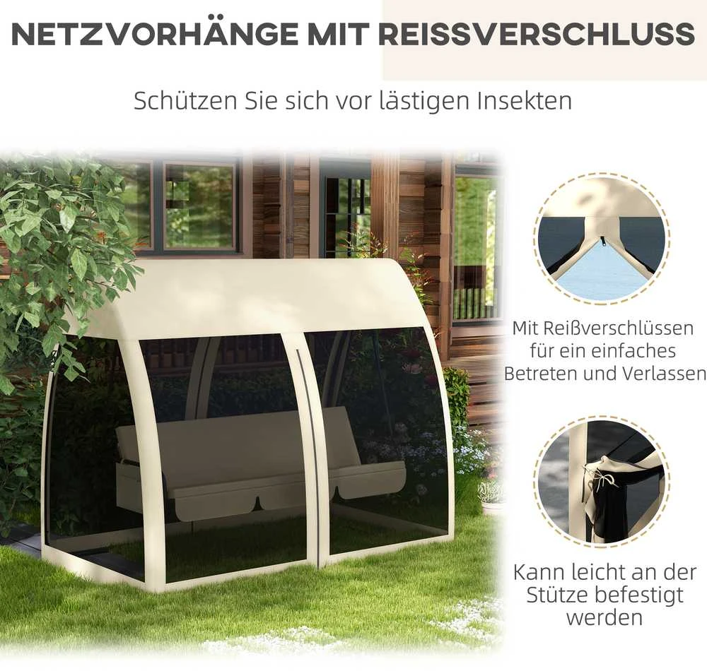 „Outsunny“ 2-in-1 sodo sūpynės su lovos funkcija, 3 vietų sodo suoliukas su baldakimu ir tinkleliu nuo uodų, keliamoji galia iki 300 kg, sodo gultas, terasai, 240 x 140 x 197 cm, kavos spalva