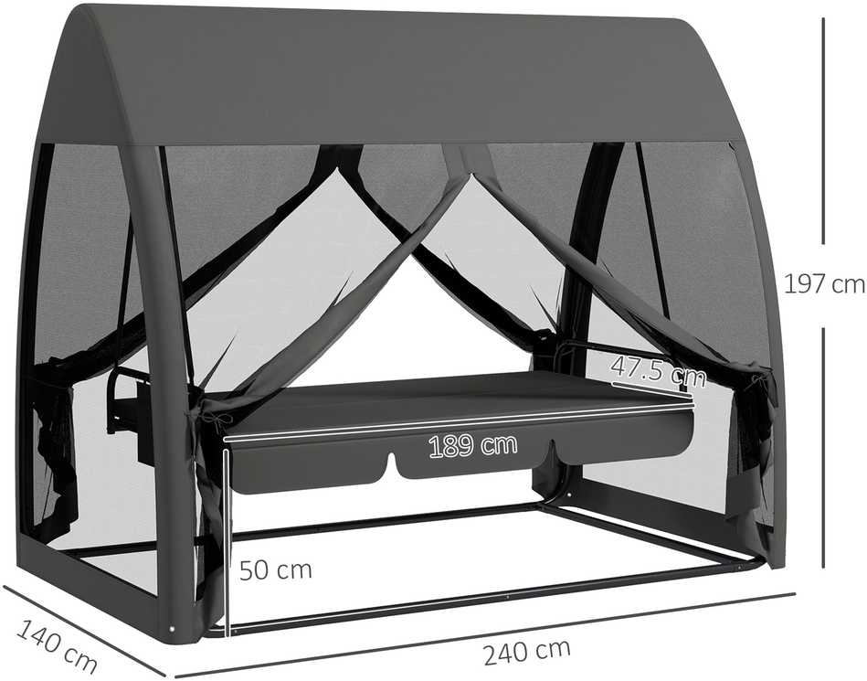 Outsunny "Outsuuny 2 in 1" Holivudo sūpynės su atsilenkimo funkcija 3 vietų sodo sūpynės su stogeliu, tinkleliu nuo uodų, sūpynės suolelio apkrova iki 300 kg, sodo gultas sode, terasoje, 240 x 140 x 197 cm, pilkos spalvos