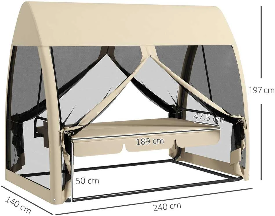 „Outsunny“ 2-in-1 sodo sūpynės su lovos funkcija, 3 vietų sodo suoliukas su baldakimu ir tinkleliu nuo uodų, keliamoji galia iki 300 kg, sodo gultas, terasai, 240 x 140 x 197 cm, kavos spalva
