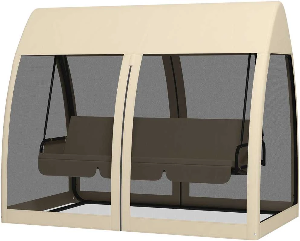 „Outsunny“ 2-in-1 sodo sūpynės su lovos funkcija, 3 vietų sodo suoliukas su baldakimu ir tinkleliu nuo uodų, keliamoji galia iki 300 kg, sodo gultas, terasai, 240 x 140 x 197 cm, kavos spalva