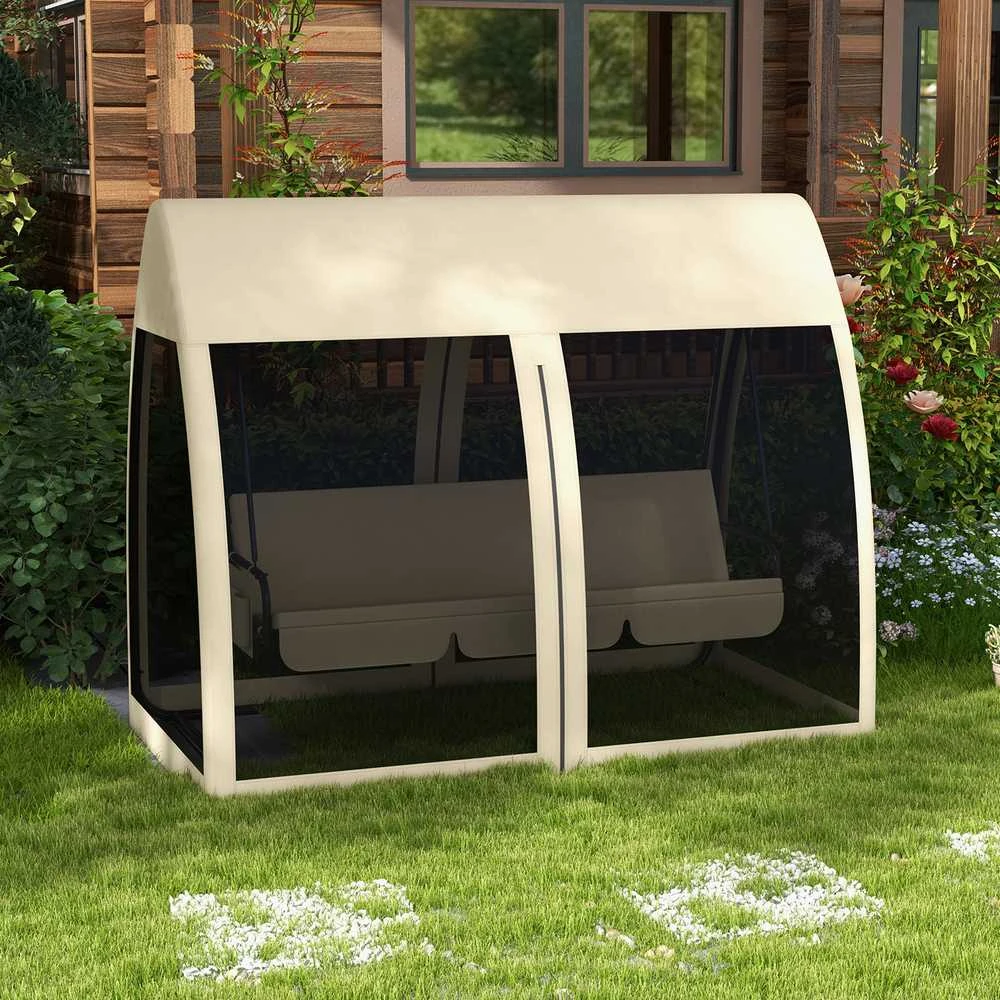 „Outsunny“ 2-in-1 sodo sūpynės su lovos funkcija, 3 vietų sodo suoliukas su baldakimu ir tinkleliu nuo uodų, keliamoji galia iki 300 kg, sodo gultas, terasai, 240 x 140 x 197 cm, kavos spalva