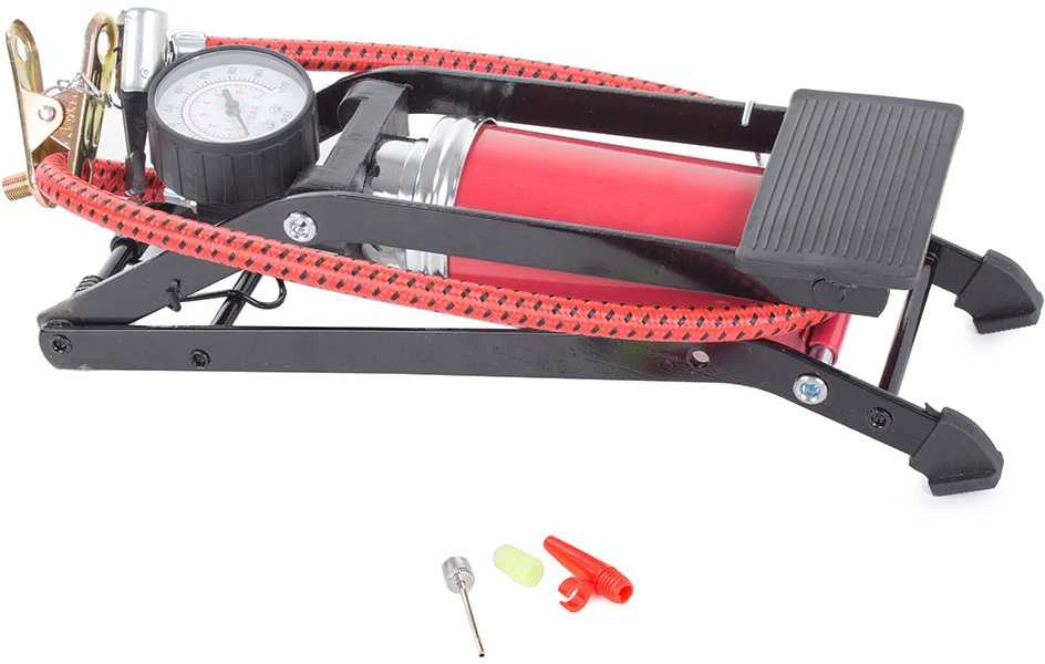 Viencilindrė kojinė pompa su manometru ir antgaliais, 100 PSI