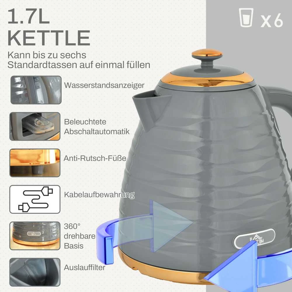 Skrudintuvas HOMCOM virdulio ir skrudintuvo rinkinys, pusryčių komplektas su 1,5 l virduliu, 4 riekelių skrudintuvu, 3000 W, 7 skrudinimo lygiais, atitirpinimo, pašildymo funkcijomis ir trupinių padėklu, „Otter“ termostatas, pilkas