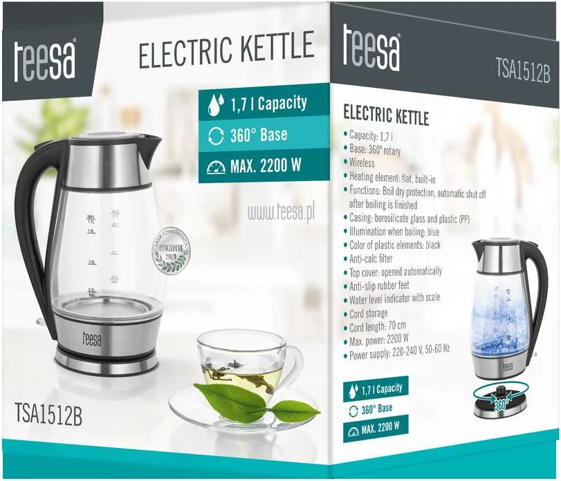 TEESA elektrinis virdulys, stiklas + inox, 2000 W, juodas, 1.7 l