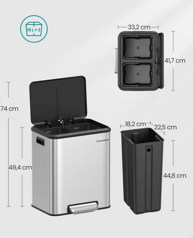 Songmics Virtuvės šiukšlių dėžė sidabrinės spalvos metalu