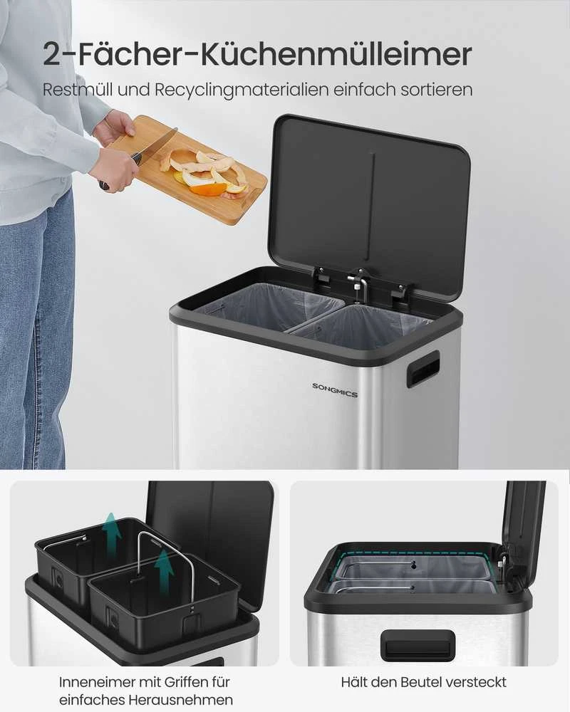 Songmics Virtuvės šiukšlių dėžė sidabrinės spalvos metalu