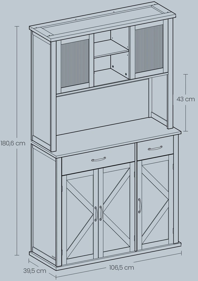Songmics VASAGLE komoda su apšvietimu ir įkrovimo stotele, virtuvės spintelė, daiktų laikymo spintelė, su durelėmis ir stalčiais, 39,5 x 106,5 x 180,6 cm, reguliuojamos lentynos, kaimiško stiliaus, senovinio balto atspalvio