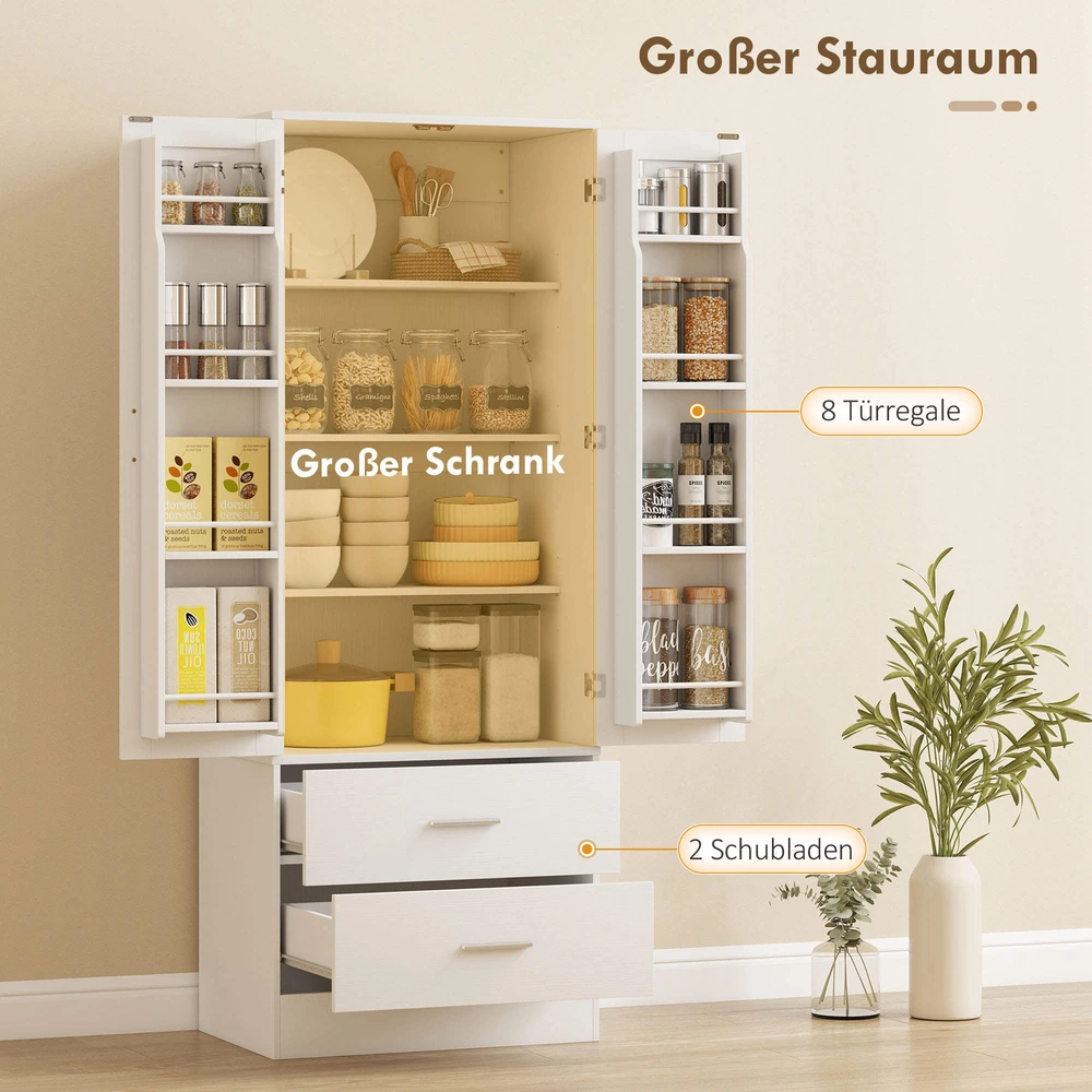 159 cm virtuvinė spintelė, reguliuojamos lentynos, 2 stalčiai, virtuvei, valgomajam, medžio drožlių plokštė, MDF, balta
