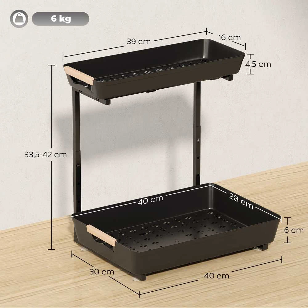 HOMCOM virtuvės lentyna, reguliuojamo aukščio pastatoma lentyna su 2 krepšiais, kavos baras 40 x 30 x 33,5–42 cm