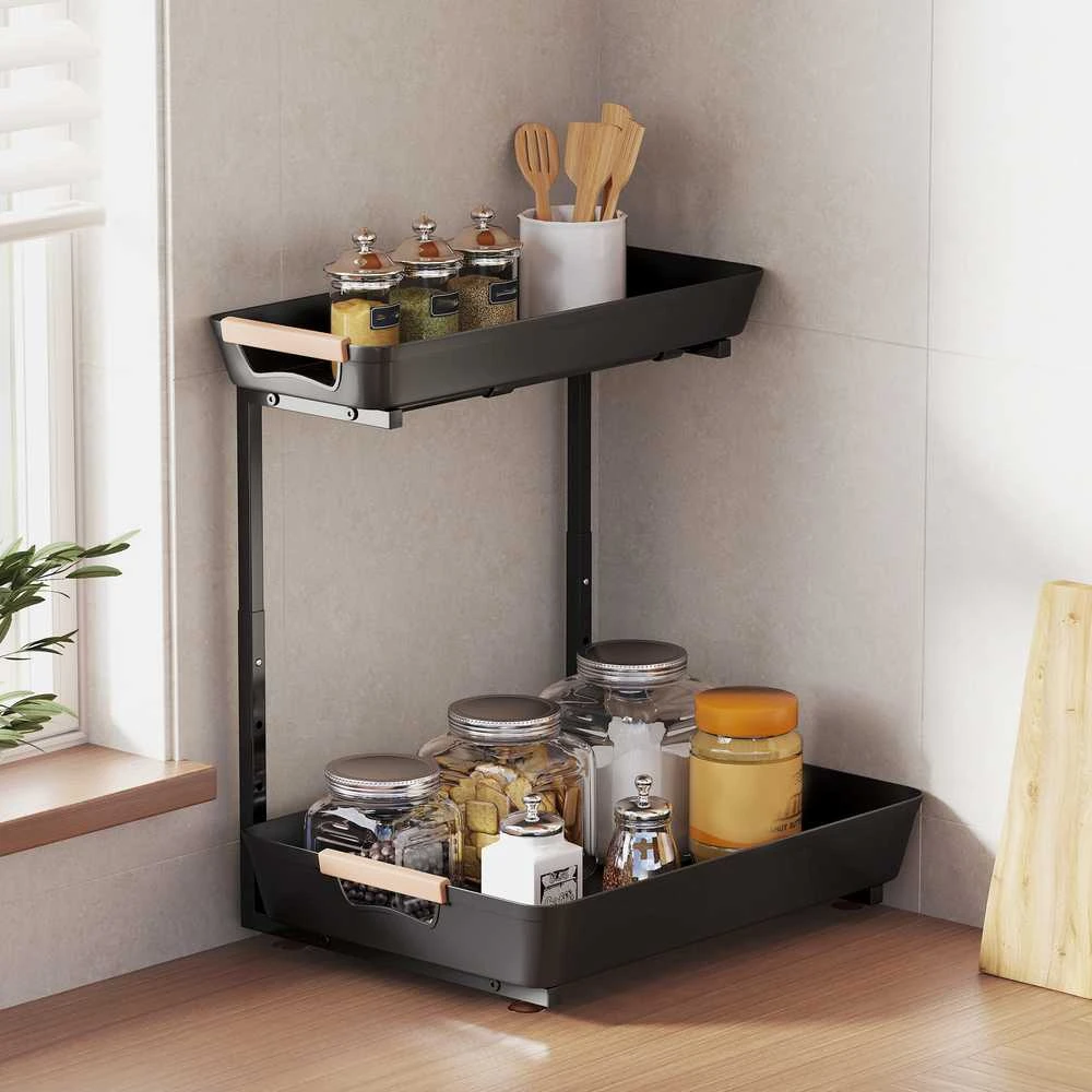 HOMCOM virtuvės lentyna, reguliuojamo aukščio pastatoma lentyna su 2 krepšiais, kavos baras 40 x 30 x 33,5–42 cm