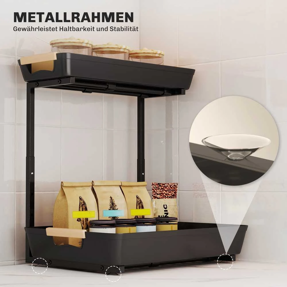 HOMCOM virtuvės lentyna, reguliuojamo aukščio pastatoma lentyna su 2 krepšiais, kavos baras 40 x 30 x 33,5–42 cm