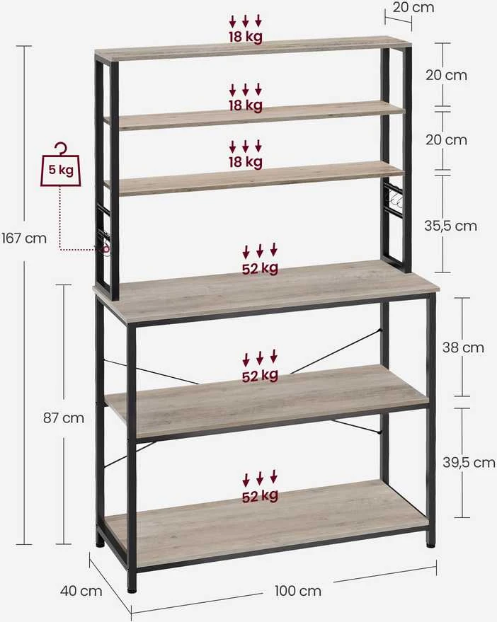 Songmics Vasagle Virtuvės lentyna 6 lentynų lygiai 40 x 100 x 167 cm pilkai juoda