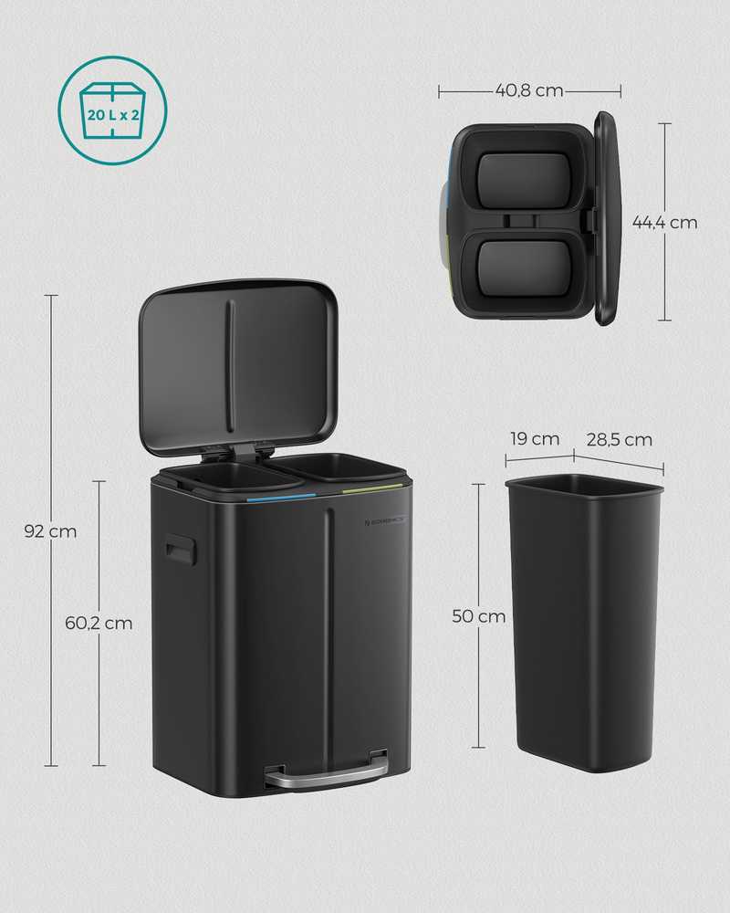 Songmics Virtuvės šiukšlių dėžė 2 x 20 l su rankenomis, juoda
