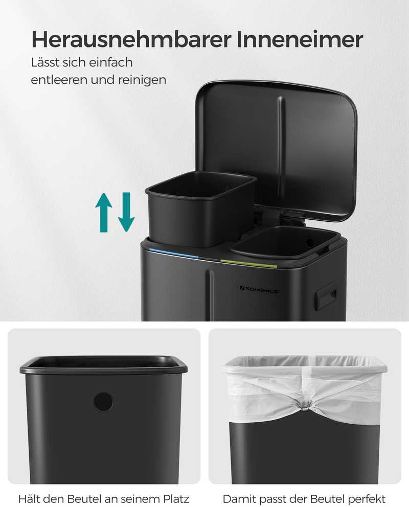 Songmics Virtuvės šiukšlių dėžė 2 x 20 l su rankenomis, juoda