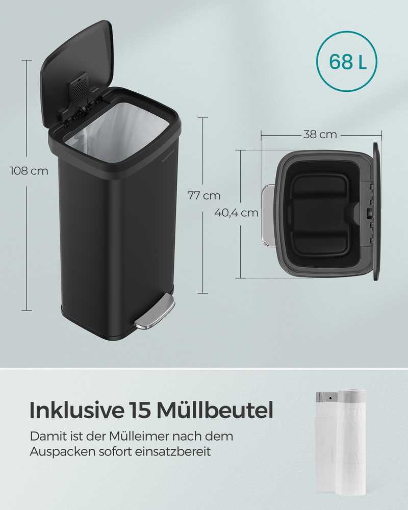 Songmics 68 litrų metalinė 68 litrų virtuvės atliekų dėžė su dangčiu, juoda