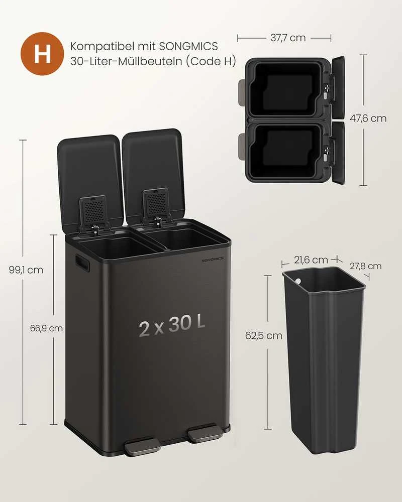 Songmics Virtuvinė šiukšliadėžė su dviem skyriais ir Softclose dangčiu, 2 x 30 l