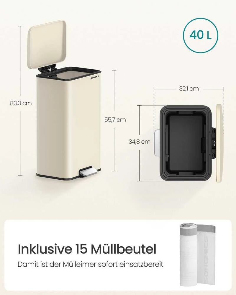 Songmics Virtuvės atliekų dėžė su dangčiu 40 litrų smėlio smėlio spalvos