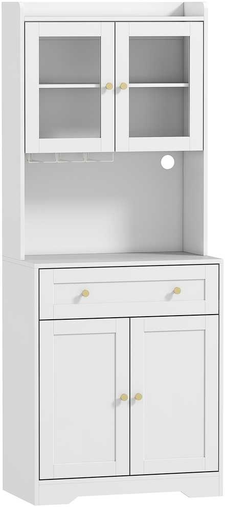 Virtuvinė spintelė su stalviršiu, vyno taurės laikikliu, sandėliukų spintelė virtuvei, valgomajam, 170 cm, MDF, stiklas, balta