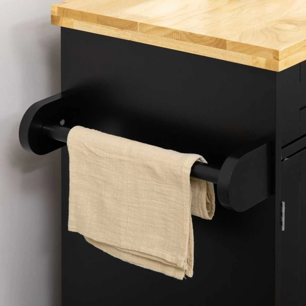 HOMCOM virtuvinis vežimėlis, serviravimo vežimėlis su stalviršiu, prieskonių lentyna, rankšluosčių laikikliu svetainei, valgomajam, juodas, 109 x 40 x 89 cm