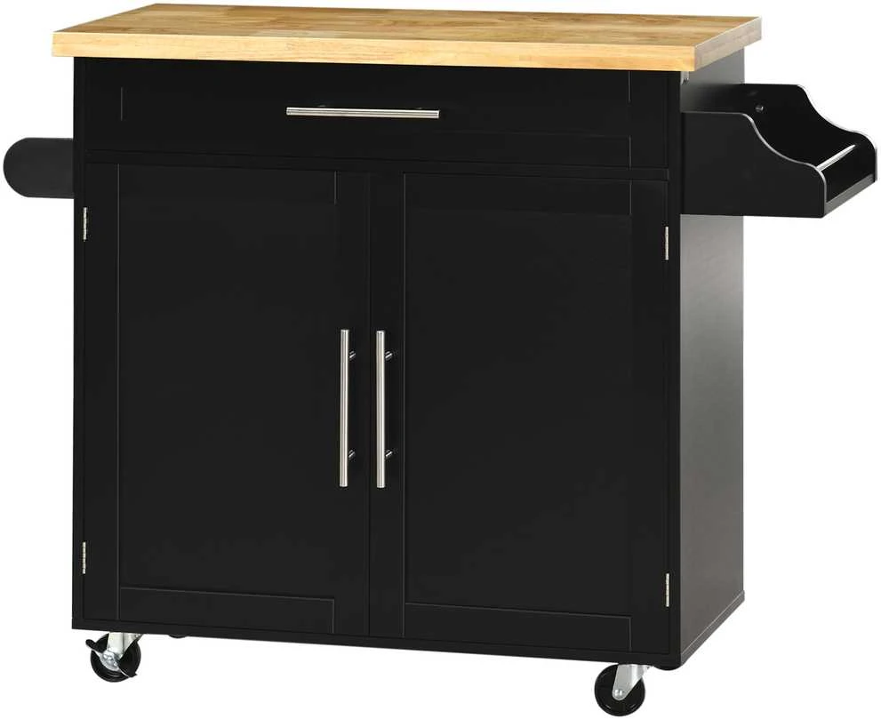 HOMCOM virtuvinis vežimėlis, serviravimo vežimėlis su stalviršiu, prieskonių lentyna, rankšluosčių laikikliu svetainei, valgomajam, juodas, 109 x 40 x 89 cm